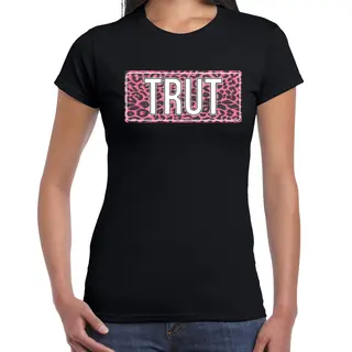 Bellatio Decorations Trut T-shirt Met Roze Panterprint - Zwart - Dames - Fout Fun Tekst Shirt / Outfit / Kleding Xl