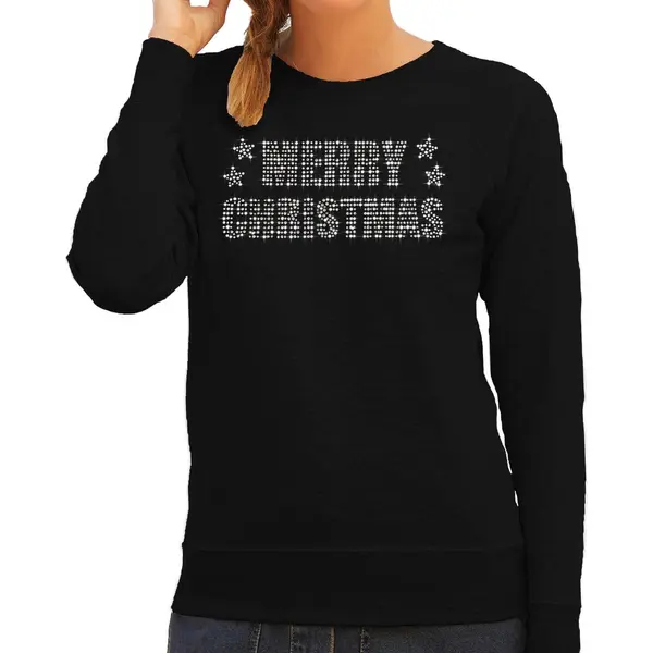 Bellatio Decorations Glitter Foute Kersttrui Zwart Merry Christmas Glitter Steentjes/ Rhinestones Voor Dames - Glitter Kerstkleding/ Outfit M thumbnail