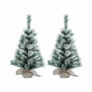 Everlands 2x Stuks Mini Kerstboom Met Sneeuw 75 Cm In Jute Zak - Mini Kerstbomen