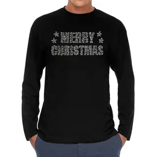 Bellatio Decorations Glitter Kerst Longsleeve Shirt Zwart Merry Christmas Glitter Steentjes/ Rhinestones Voor Heren - Shirts Met Lange Mouwen - Glitter Kerst Shirt/ Outfit