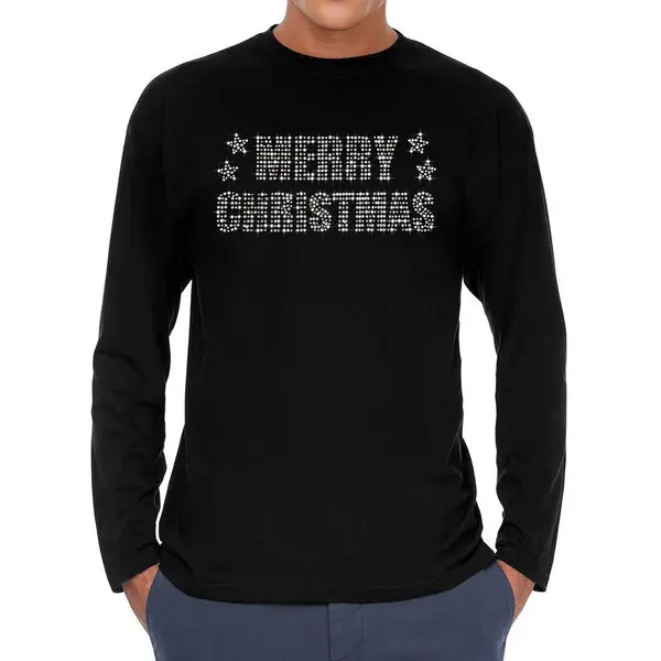 Bellatio Decorations Glitter Kerst Longsleeve Shirt Zwart Merry Christmas Glitter Steentjes/ Rhinestones Voor Heren - Shirts Met Lange Mouwen - Glitter Kerst Shirt/ Outfit thumbnail