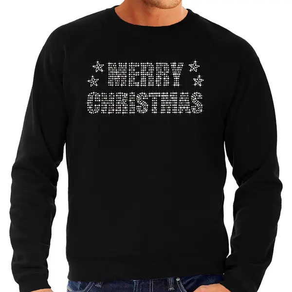 Bellatio Decorations Glitter Foute Kersttrui Zwart Merry Christmas Glitter Steentjes/ Rhinestones Voor Heren - Glitter Kerstkleding/ Outfit L thumbnail
