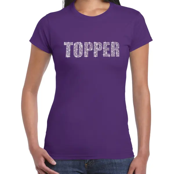 Bellatio Decorations Glitter Topper T-shirt Paars Met Steentjes/ Rhinestones Voor Dames - Glitter Kleding/ Foute Party Outfit Xl thumbnail