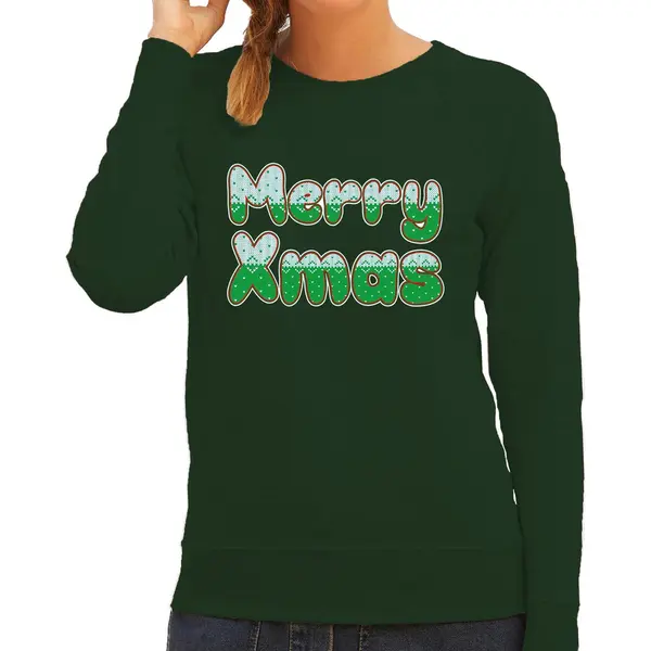 Bellatio Decorations Merry Xmas Foute Kerstsweater - Kersttrui - Groen - Voor Dames - Kleding - Lange Mouwen Xl thumbnail