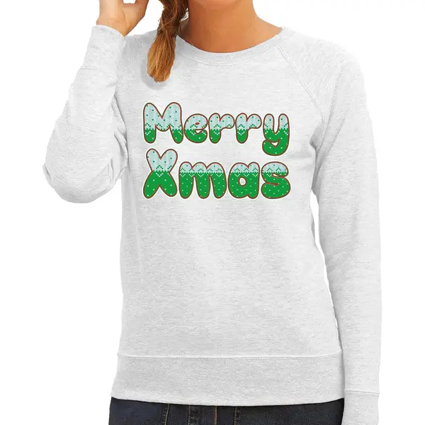 Bellatio Decorations Merry Xmas Foute Kerstsweater - Kersttrui - Grijs - Voor Dames - Kleding - Lange Mouwen L thumbnail