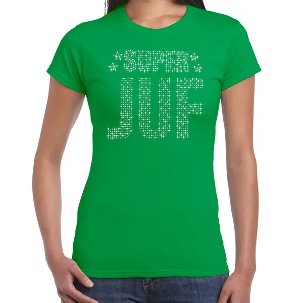 Bellatio Decorations Glitter Super Juf T-shirt Groen Met Steentjes/ Rhinestones Voor Dames - Lerares Cadeau Shirts - Glitter Kleding/foute Party Outfit L thumbnail