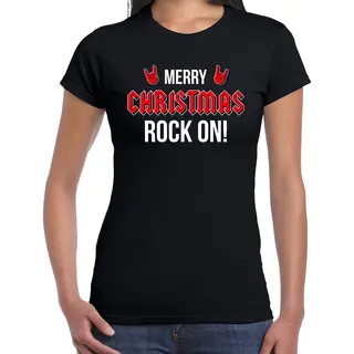 Bellatio Decorations Merry Christmas Rock On Kerst T-shirt - Zwart - Dames - Kerstkleding / Kerst Outfit Xxl
