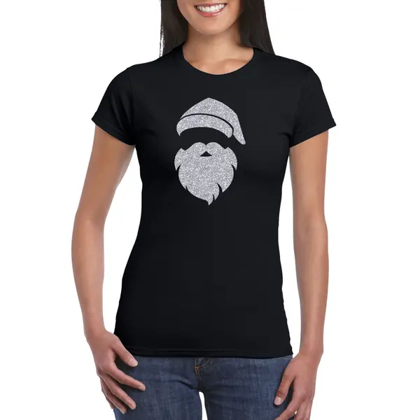 Bellatio Decorations Kerst T-shirt Voor Dames - Kerstman Hoofd - Zwart - Glitter Bedrukking - Zilver - Kerstkleding Xs thumbnail