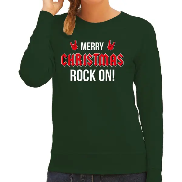 Bellatio Decorations Foute Kersttrui Merry Christmas Rock On - Groen - Dames - Kerstsweaters / Kerst Kleding Xs thumbnail