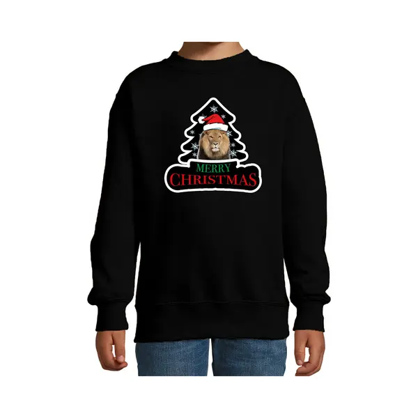 Bellatio Decorations Dieren Kersttrui Leeuw Print - Zwart - Kinderen - Foute Leeuwen Kerstsweater 134/146 thumbnail