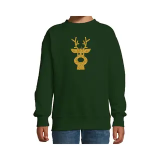 Bellatio Decorations Kersttrui Sweater Voor Kinderen - Groen - Met Gouden Glitter Rendier Print - Lange Mouwen - Kerstdiner Kleding - Jongens - Meisjes 110/116