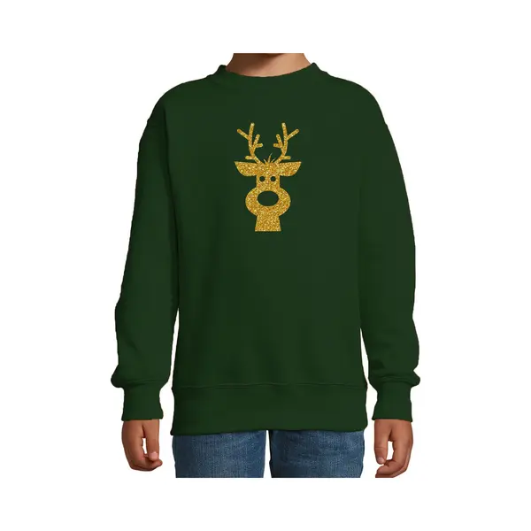 Bellatio Decorations Kersttrui Sweater Voor Kinderen - Groen - Met Gouden Glitter Rendier Print - Lange Mouwen - Kerstdiner Kleding - Jongens - Meisjes 110/116 thumbnail