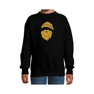 Bellatio Decorations Kerstman Hoofd Kerstsweater - Zwart Met Gouden Glitter Bedrukking - Kinderen - Kersttruien / Kerst Outfit 134/146