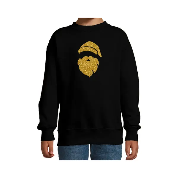 Bellatio Decorations Kerstman Hoofd Kerstsweater - Zwart Met Gouden Glitter Bedrukking - Kinderen - Kersttruien / Kerst Outfit 134/146 thumbnail