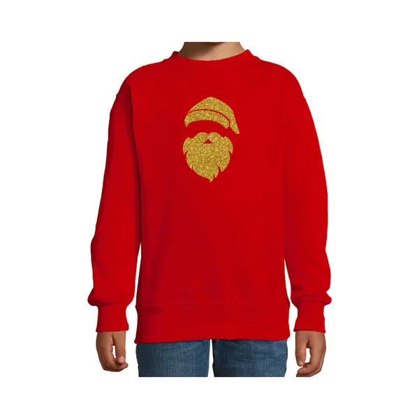 Bellatio Decorations Kerstman Hoofd Kerstsweater - Rood Met Gouden Glitter Bedrukking - Kinderen - Kersttruien / Kerst Outfit 152/164 thumbnail