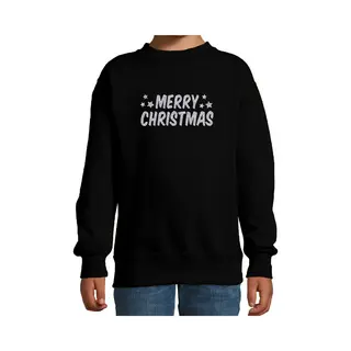 Bellatio Decorations Merry Christmas Kerst Sweater / Trui - Zwart Met Zilveren Glitter Bedrukking - Kinderen - Kerst Sweater / Kerst Outfit 152/164