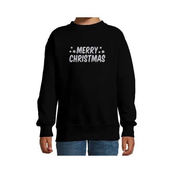 Bellatio Decorations Merry Christmas Kerst Sweater / Trui - Zwart Met Zilveren Glitter Bedrukking - Kinderen - Kerst Sweater / Kerst Outfit 152/164 thumbnail