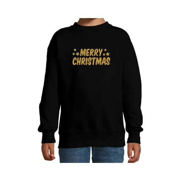 Bellatio Decorations Merry Christmas Kerst Sweater / Trui - Zwart Met Gouden Glitter Bedrukking - Kinderen - Kerst Sweater / Kerst Outfit 134/146 thumbnail