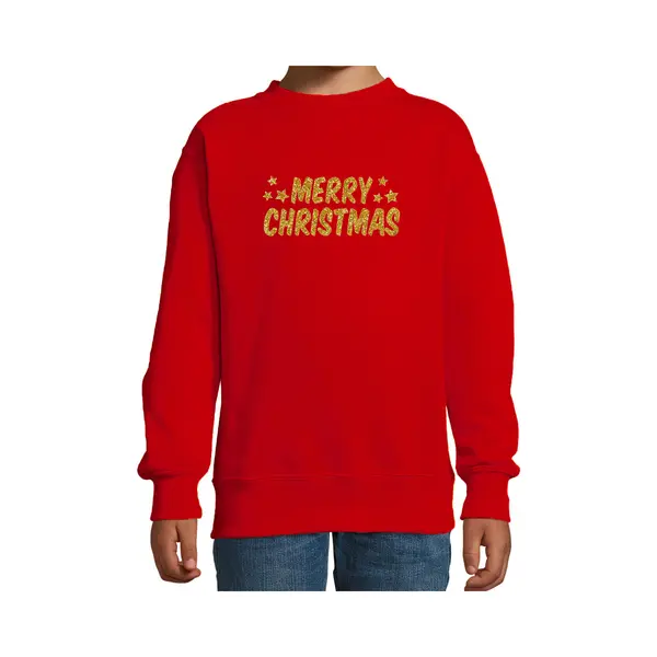 Bellatio Decorations Merry Christmas Kerst Sweater / Trui - Rood Met Gouden Glitter Bedrukking - Kinderen - Kerst Sweater / Kerst Outfit 98/104 thumbnail