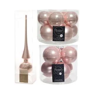 Decoris Compleet Glazen Kerstballen Pakket Lichtroze Glans/mat 32x Stuks Met Piek Glans - 20x 6 Cm - 12x 8 Cm