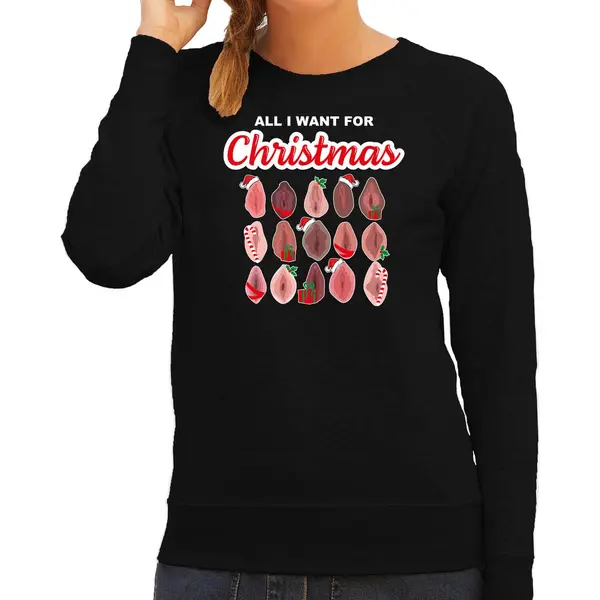 Bellatio Decorations Foute Kersttrui/sweater Voor Dames - All I Want For Christmas - Vagina - Zwart S thumbnail
