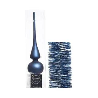 Decoris Kerstversiering Glazen Piek Mat 26 Cm En Folieslingers Pakket Donkerblauw Van 3x Stuks - Kerstboomversiering