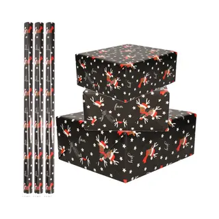 Bellatio Decorations Luxe Kerst Inpakpapier - Cadeaupapier - 3x Rollen - Zwart - Rendier En Sterren - 250 X 70 Cm