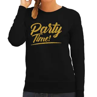 Bellatio Decorations Party Time - Tekst Sweater - Zwart - Dames - Glitter En Glamour - Gouden Letters - Party Kleding Trui - Feestkleding Xl