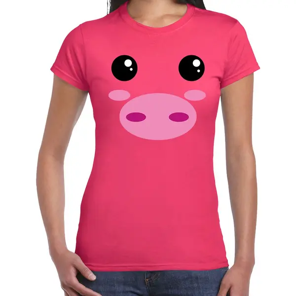 Bellatio Decorations Varkens Gezicht Funny Faces - Verkleed T-shirt - Roze - Voor Dames - Dieren - Verkleedkleding - Biggen Kostuum Xs thumbnail