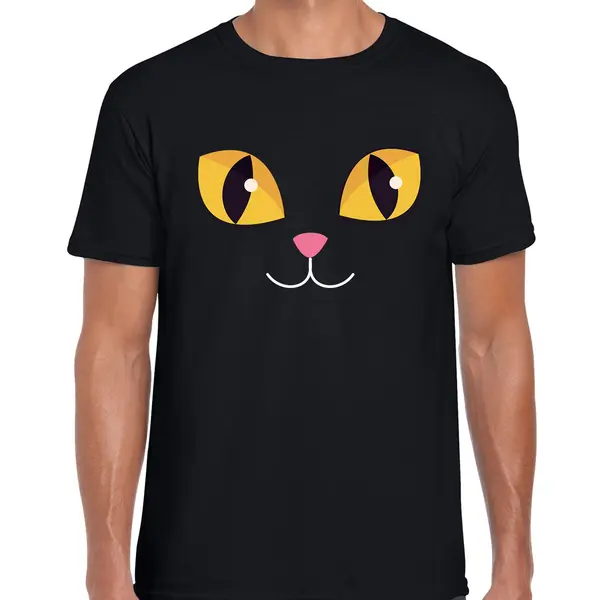 Bellatio Decorations Kat / Poes Gezicht Verkleed T-shirt - Zwart - Voor Heren - Carnaval - Dieren - Katten Gezicht M thumbnail