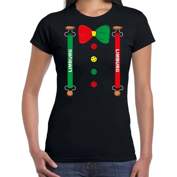 Bellatio Decorations Carnaval T-shirt Limburg Bretels En Strik Voor Dames - Zwart - Limburg Carnavalsshirt / Verkleedkleding S thumbnail