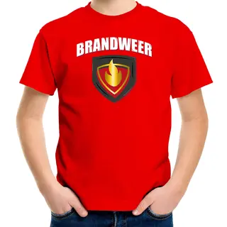 Bellatio Decorations Brandweer Met Embleem Verkleed T-shirt - Carnaval Outfit - Rood - Voor Kinderen - Brandweervrouw - Verkleedkleding / Kostuum 146/152