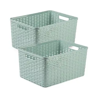 Plasticforte 2x Stuks Rotan Gevlochten Opbergmand/opbergbox Kunststof - Mintgroen - 38 X 28 X 19 Cm - Kast Mandjes