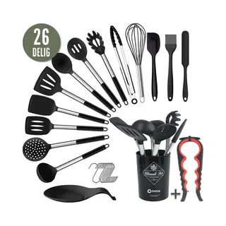 Coock 26-teiliges Xl Küchenutensilien Set Mit Halter – Schwarz – Hitzebeständige Silikon-Werkzeuge & Edelstahlhalter Bpa-frei,