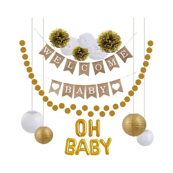 Babyshower Versiering - Geboorte Versiering Jongen Meisje - Babydouche Decoratie - Goud Wit - Oh Baby Shower Feest Pakket - Slinger Jongen Meisje thumbnail