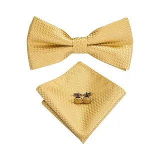 Vlinderdas Inclusief Pochet En Manchetknopen – 100% Zijden – Ruit – Goud - Vlinderstrik - Strik - Pochette – Heren - Cadeau