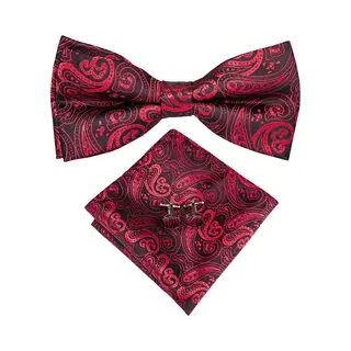 Vlinderdas Inclusief Pochet En Manchetknopen – 100% Zijden – Paisley - Rood - Vlinderstrik - Strik - Pochette – Heren