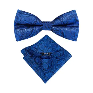 Vlinderdas Inclusief Pochet En Manchetknopen - 100% Zijden - Paisley - Blauw - Vlinderstrik - Strik - Pochette - Heren - Cadeau
