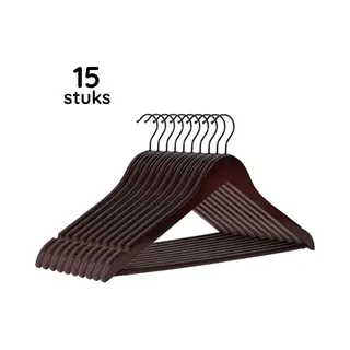 Eleganca Luxe Kleerhangers - Kledinghanger - 15 Stuks - Behandeld Hout - 45x22x1 Cm - Gelakt - Zwarte Haak - Hout
