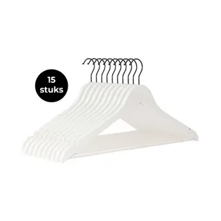 Eleganca Luxe Kleerhangers - Kledinghanger - 15 Stuks - Behandeld Hout - 45x22x1 Cm - Gelakt - Zwarte Haak - Wit