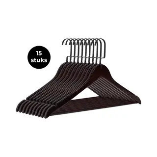 Eleganca Luxe Kleerhangers - Kledinghanger - 15 Stuks - Multifunctionele Kledinghanger - Gelakt - Zwarte Haak - Hout - Donkerbruin