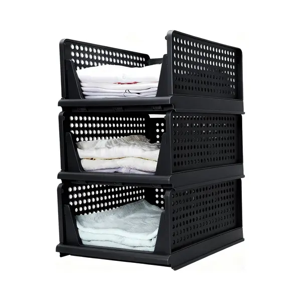 Eleganca Kastorganizers - Set Van 3 - B33 X D42 X H56 Cm - Ladeboxen - Set Van 3 - Opbergbox - 60L - Stapelbare Opbergdozen - Polypropyleen - Zwart thumbnail