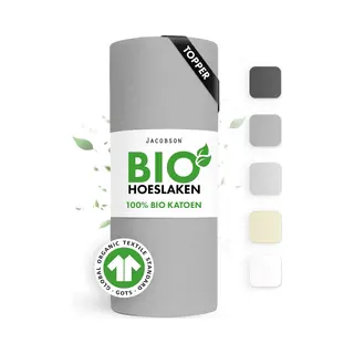 Jacobson Hoeslaken Topper – 100% Biologisch Katoen – 200x200 Cm – Tot 10cm Matrasdikte– 160 G/m² – Grijs