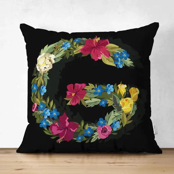 De Groen Home Velvet Kussenhoesjes - Kussenhoes - Letter G Van Bloemen Op Zwart - 45x45 Cm - Kussenloop - Fluweel - Valentijn Cadeau thumbnail