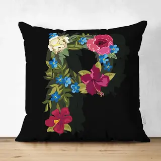 De Groen Home Velvet Kussenhoesjes - Kussenhoes - Letter P Van Bloemen Op Zwart - 45x45 Cm - Kussenloop - Fluweel - Valentijn Cadeau