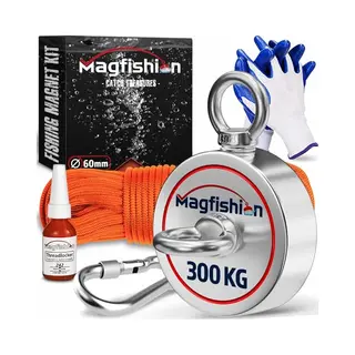 Magfishion Magnetfischen Set - 300 Kg (2 X 150kg) - Ø60mm - Neodym Magnet Mit Seil (20M) & Handschuhe - Magnet Fischen Angel - Ösenmagnet - Fishing