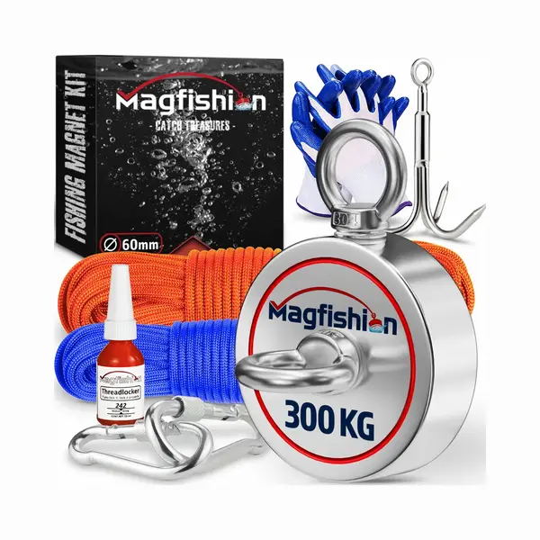 Magfishion Magnetfischen Mega Set - 300 Kg (2 X 150kg) - Ø60mm - Neodym Magnet Mit 2 Seilen, Greifhaken & Handschuhe - Magnet Fischen Angel - thumbnail