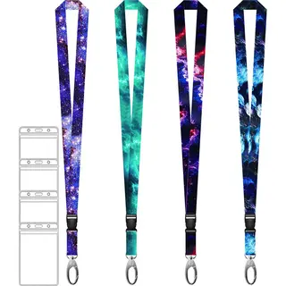 KeyAmor 4 Stuks Afneembaar Lanyard Sleutelhanger Met 4 Transparante Badgehouders - Badge Nekkoord - Pashouder/Kaarthouder Met Keykoord - Houder Voor