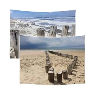 Ulticool – Wandkleed - Strand Kust Nederland - Set Van 2 Designs – 73 Cm X 95 Cm – Schilderij Wandtapijt Stof – Poster Art – Blauw Beige -