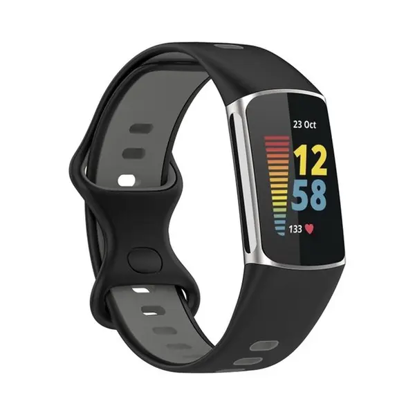 By Qubix - Geschikt Voor Fitbit Charge 5 - Fitbit Charge 6 Sportbandje Met Dubbele Lus - Zwart - Grijs - Tweekleurig - Maat, L - Horlogeband - thumbnail